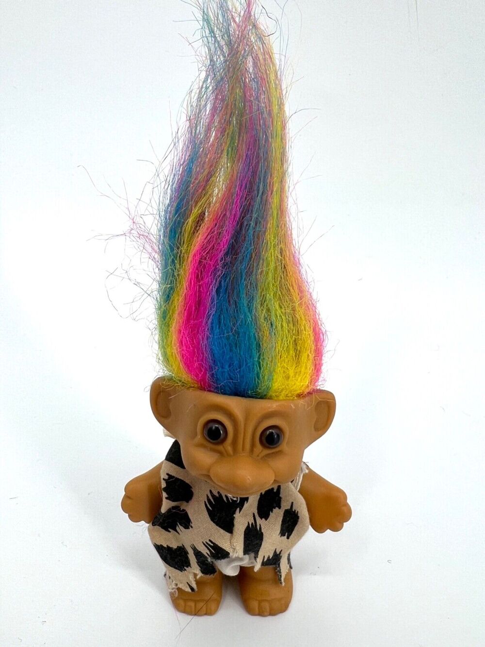 Vintage Russ Lucky Troll Doll Rainbow Hair Brown Eyes Cave Man Outfit